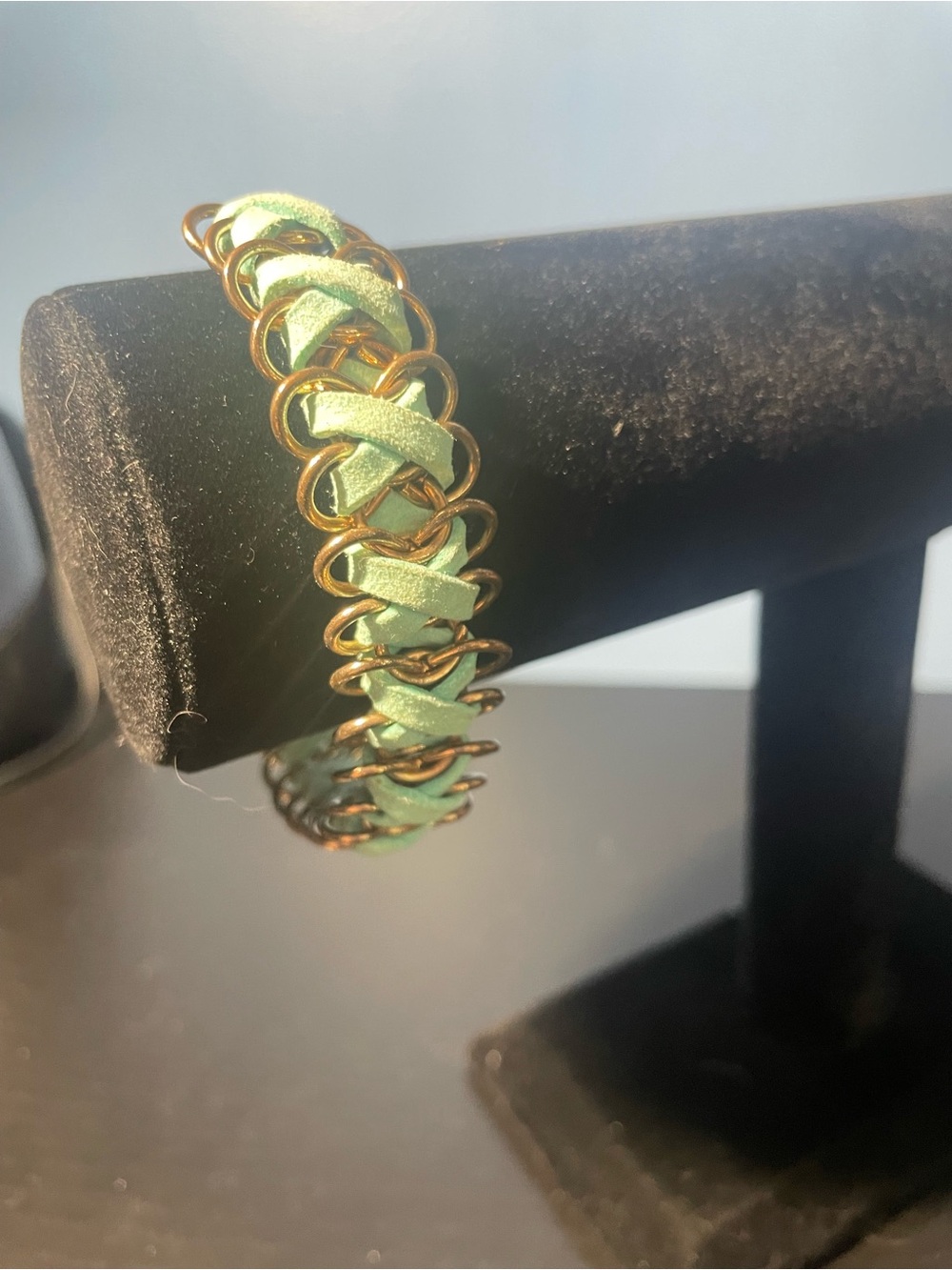 Woven Leather and copperTone Chain Bracelet - Mint